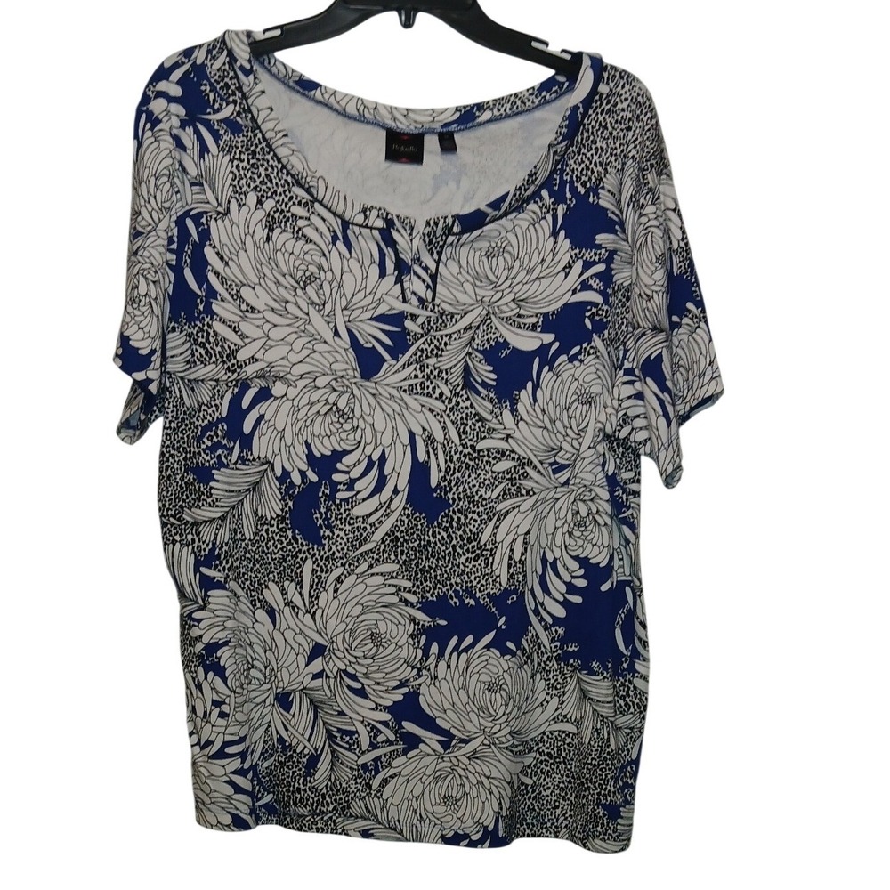 Rafaella Womens 1X Blue Floral Leopard Print Split Neck Short Sleeve Knit Blouse